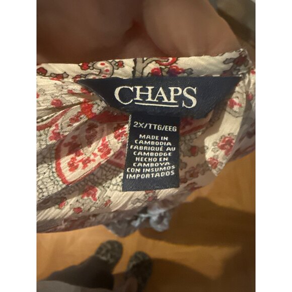 Chaps Womens 2X Paisley Boho Blouse With Long Sleeves & Scoop Neck White/Red - Picture 9 of 9